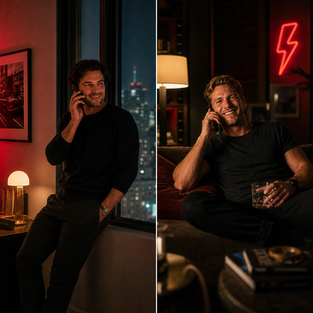 Two men in their own apartments, both smiling on the same phone call