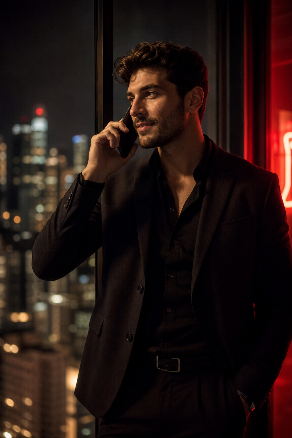 Man smiling on a phone call by a city window at night